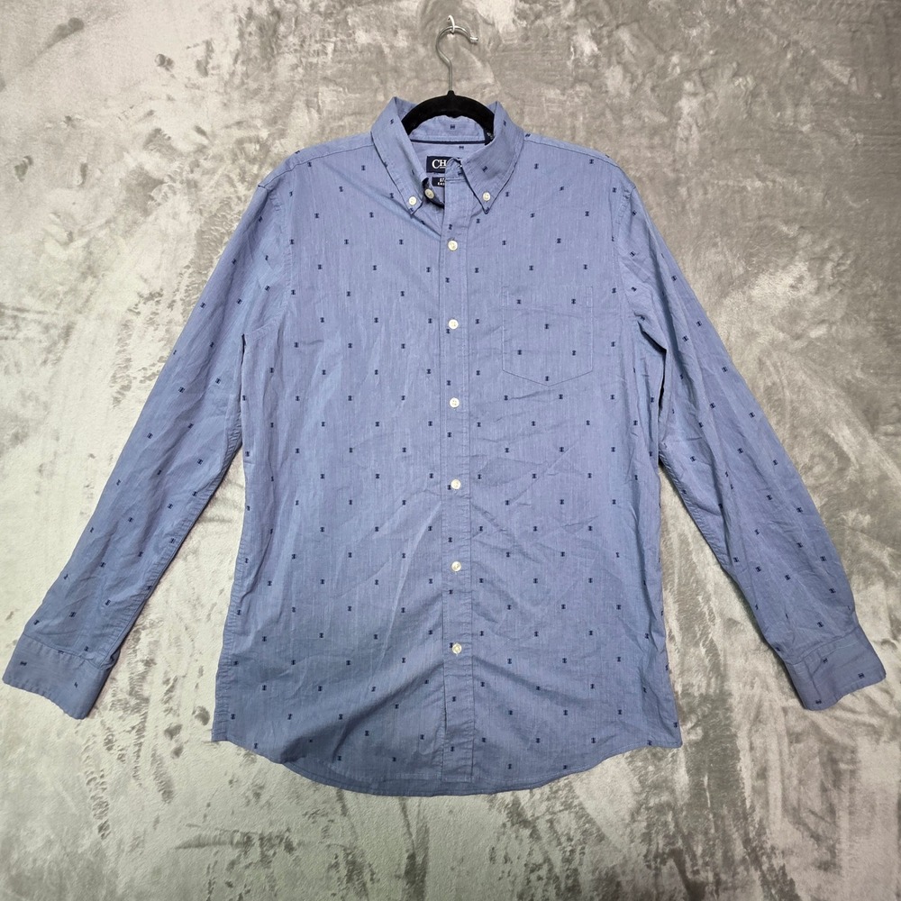 Chaps Mens Blue Stretch Easy Care Micro Print Button Down Shirt Size Medium